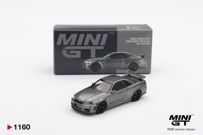 MINI GT #1160 Nissan Skyline GT-R (NISMO BNR34 CRS Version) — Dark Metal Gray